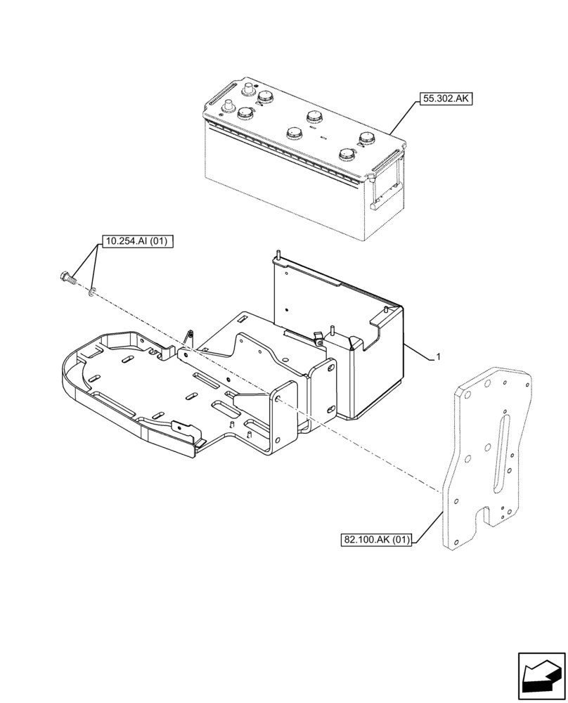 Схема запчастей Case IH FARMALL 100C - (55.302.AK) - VAR - 391151, 743544, 743545 - BATTERY SUPPORT (55) - ELECTRICAL SYSTEMS