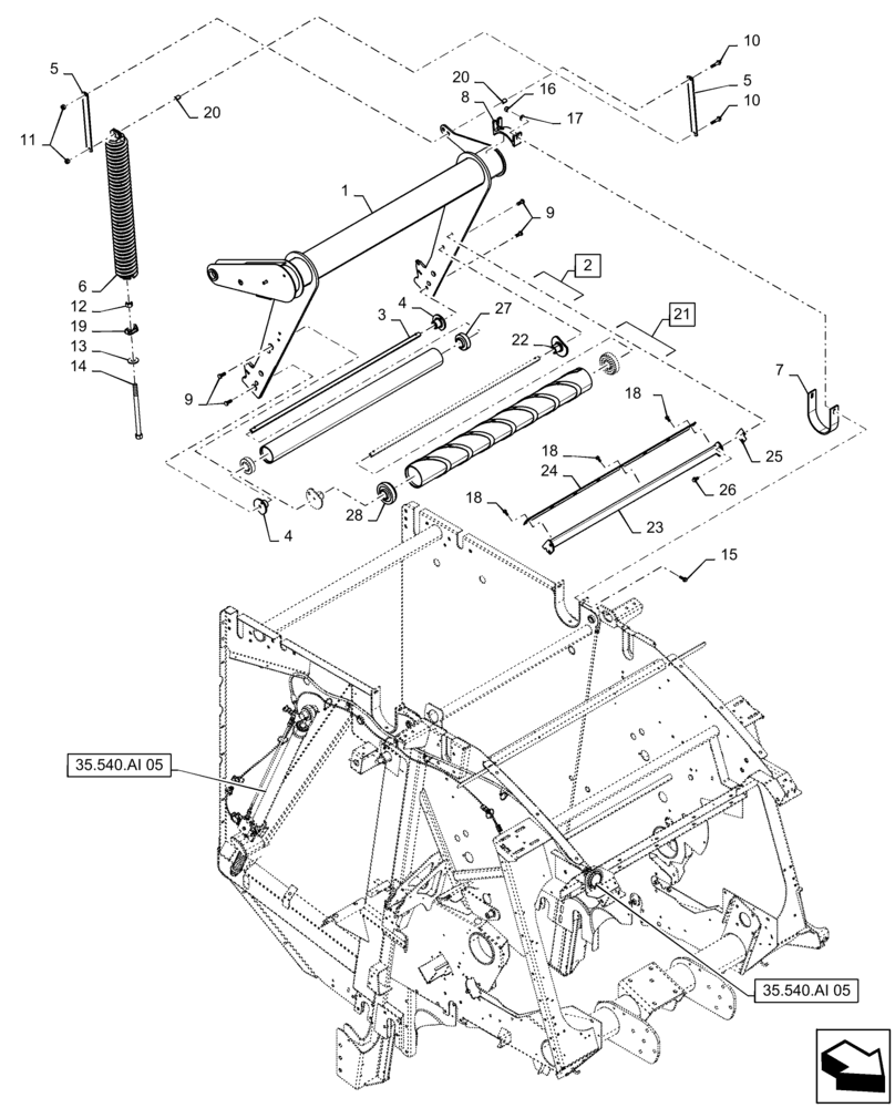 Схема запчастей Case IH RB455 - (62.140.AQ[03]) - VAR - 726813, 727097 - BALE TENSION TAKE UP ARM AND ONE SPRING WITH LOOP ROLL, SINGLE HYD. CYLINDER, YFN188618 AND PRIOR (62) - PRESSING - BALE FORMATION