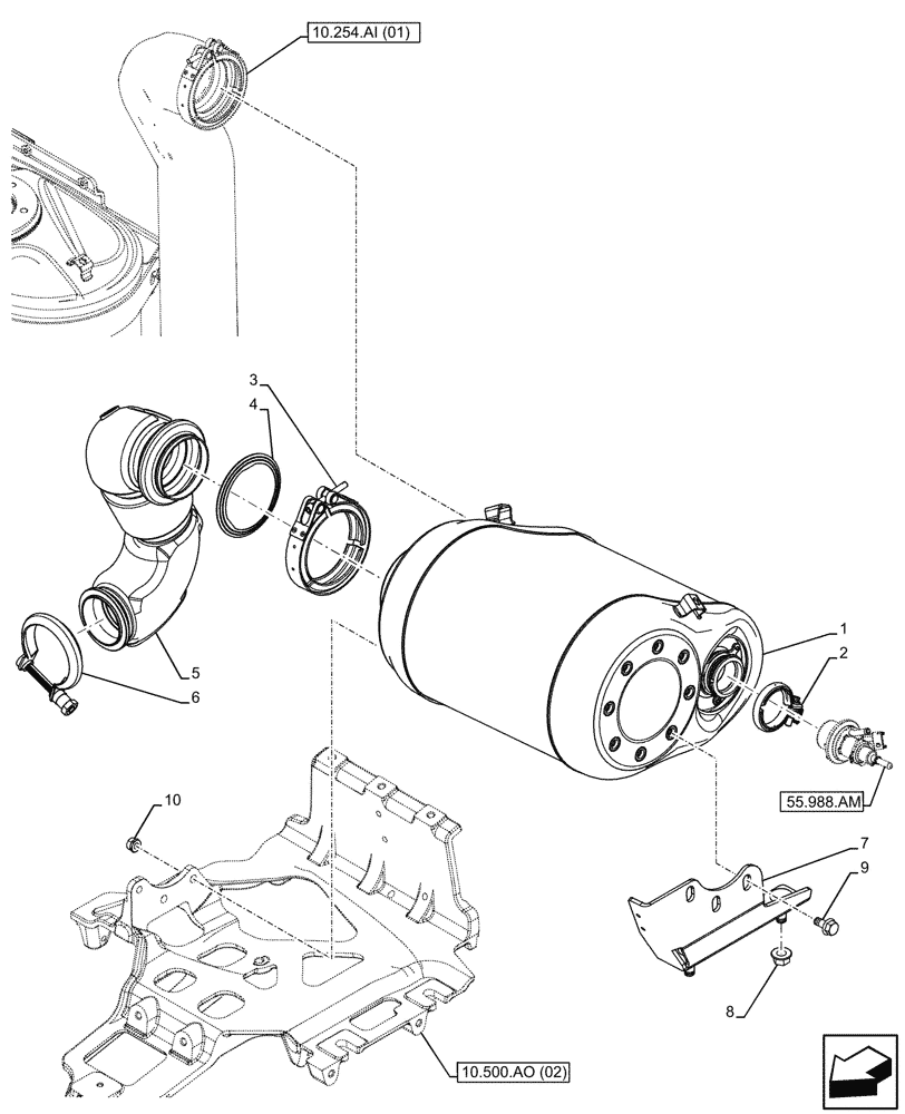 Схема запчастей Case IH FARMALL 120C - (10.500.AO[01]) - VAR - 391151, 743544, 743545 - EXHAUST SYSTEM, DOC - DIESEL OXIDATION CATALYST, CAB (10) - ENGINE