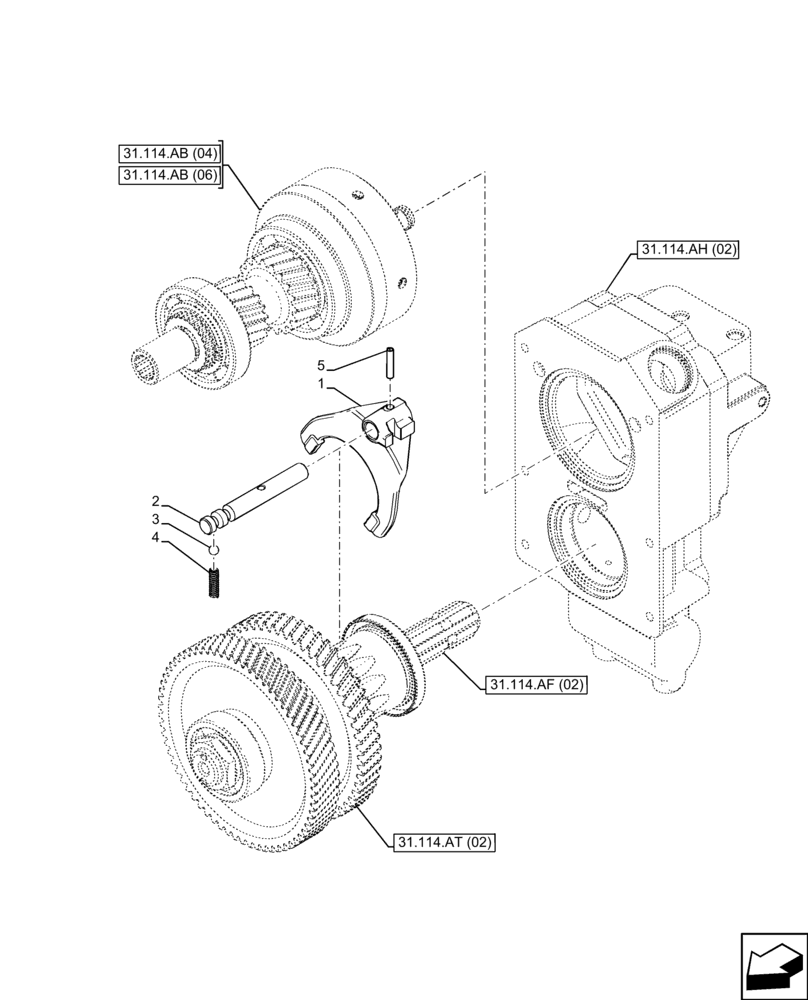 Схема запчастей Case IH FARMALL 120C - (31.114.AB[05]) - VAR - 743566 - PTO 540 RPM, DRIVEN SHAFT, FORK, POWERSHUTTLE (31) - IMPLEMENT POWER TAKE OFF