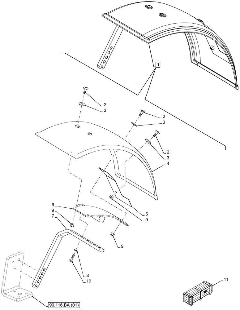 Схема запчастей Case IH FARMALL 120C - (90.116.AC[01]) - VAR - 744673 - FRONT FENDER (310MM), NARROW, 4WD (90) - PLATFORM, CAB, BODYWORK AND DECALS