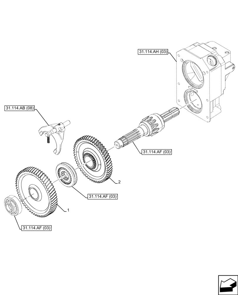 Схема запчастей Case IH FARMALL 110C - (31.114.AT[03]) - VAR - 743566 - PTO 540-540E RPM, GEAR, HI-LO (31) - IMPLEMENT POWER TAKE OFF