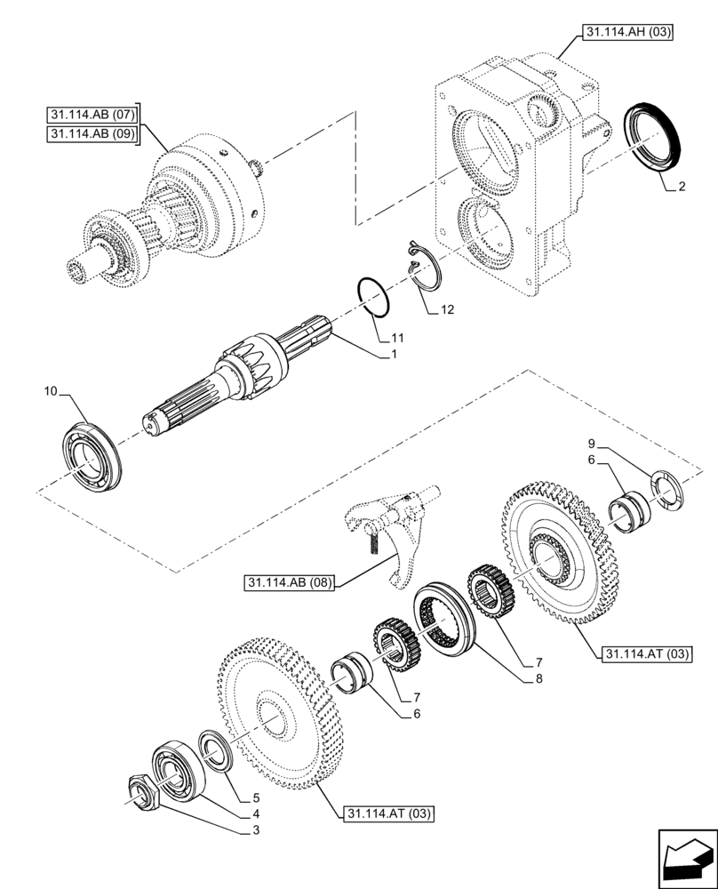 Схема запчастей Case IH FARMALL 120C - (31.114.AF[03]) - VAR - 743566 - PTO 540-540E RPM, OUTPUT SHAFT, HI-LO (31) - IMPLEMENT POWER TAKE OFF