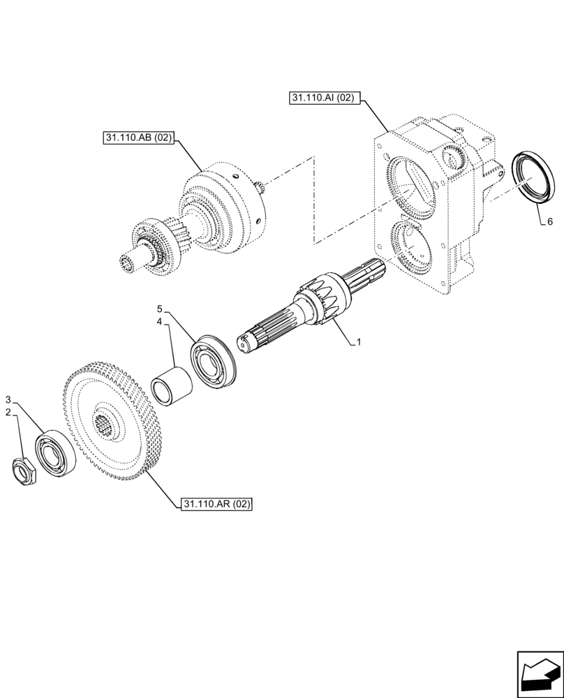 Схема запчастей Case IH FARMALL 110C - (31.110.AP[02]) - VAR - 743565 - PTO 540 RPM, OUTPUT SHAFT, HI-LO (31) - IMPLEMENT POWER TAKE OFF