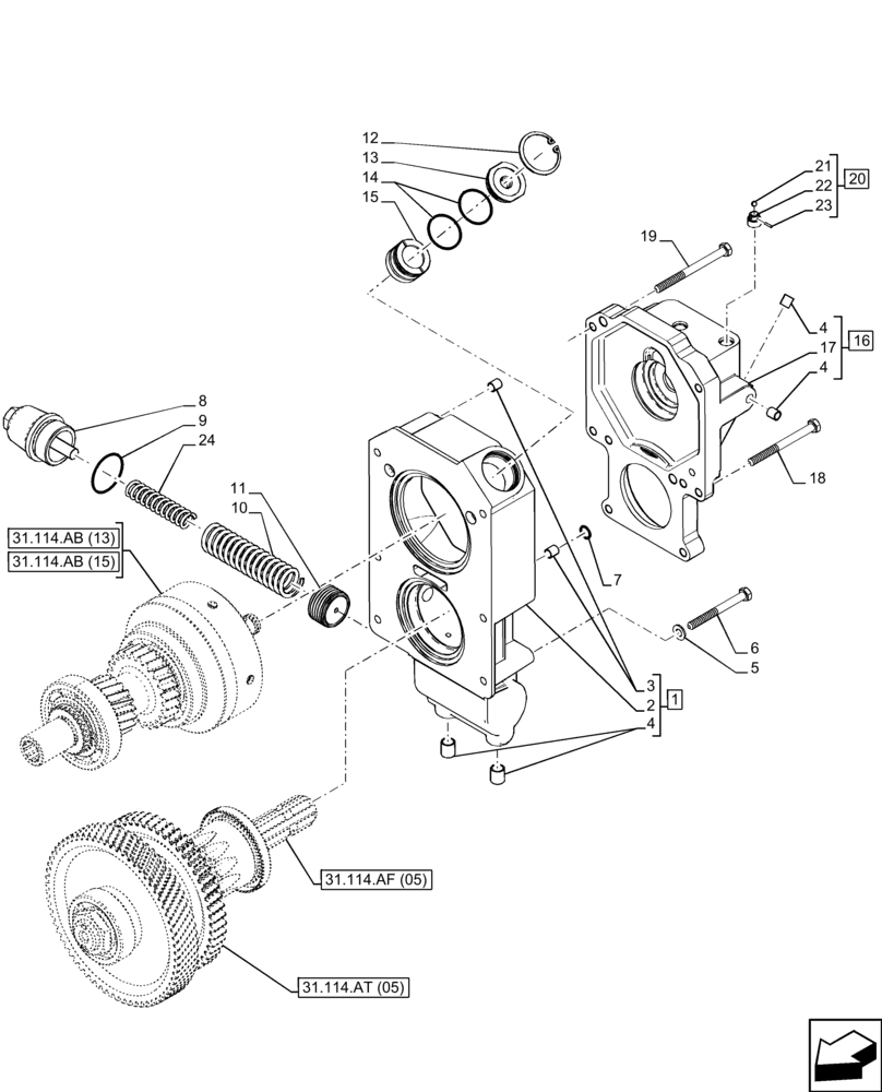 Схема запчастей Case IH FARMALL 110C - (31.114.AH[05]) - VAR - 743594 - PTO 540/1000 RPM, COVER, POWERSHUTTLE (31) - IMPLEMENT POWER TAKE OFF