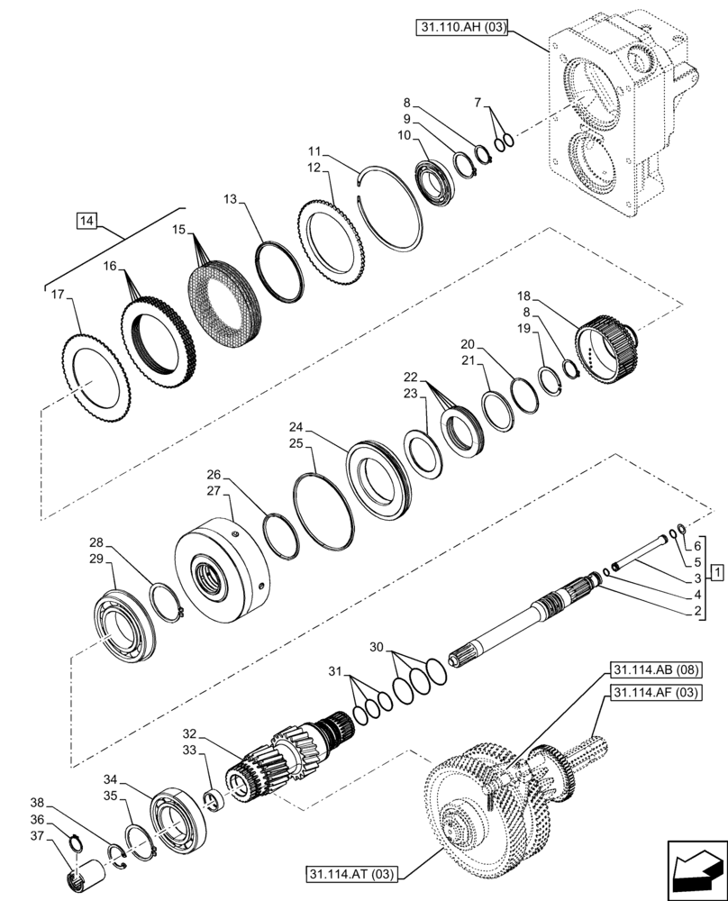 Схема запчастей Case IH FARMALL 100C - (31.114.AB[07]) - VAR - 743566 - PTO 540 RPM, DRIVEN SHAFT, HI-LO (31) - IMPLEMENT POWER TAKE OFF