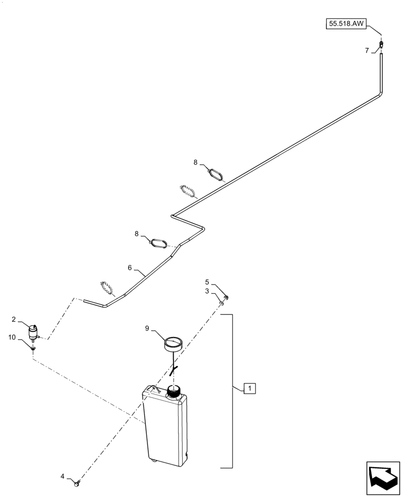 Схема запчастей Case IH 9230 - (55.518.AT) - RESERVOIR, WINDSHIELD WASHER (55) - ELECTRICAL SYSTEMS