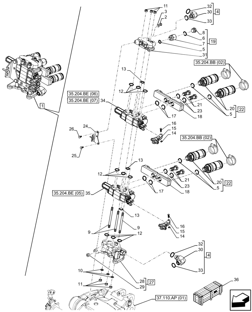 Схема запчастей Case IH FARMALL 100C - (35.204.BE[04]) - VAR - 743569 - 2 REMOTE CONTROL VALVE, W/ 4 DELUXE COUPLERS, COMPONENTS (35) - HYDRAULIC SYSTEMS