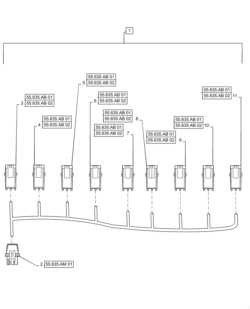 Схема запчастей Case IH PATRIOT 3340 - (55.635.AM[05]) - AIM COMMAND, 90/100, 6 SECTION CENTER HARNESS, 9 NOZZLE (55) - ELECTRICAL SYSTEMS