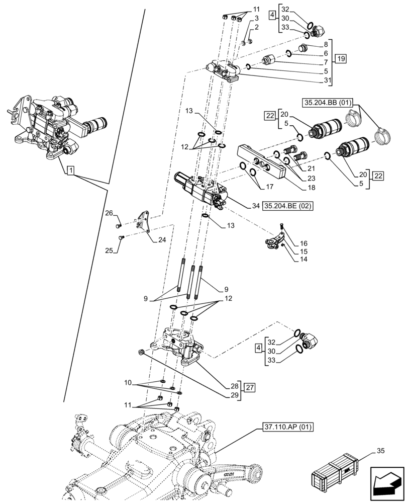 Схема запчастей Case IH FARMALL 120C - (35.204.BE[01]) - VAR - 743568 - 1 REMOTE CONTROL VALVE, W/ 2 DELUXE COUPLERS, COMPONENTS (35) - HYDRAULIC SYSTEMS