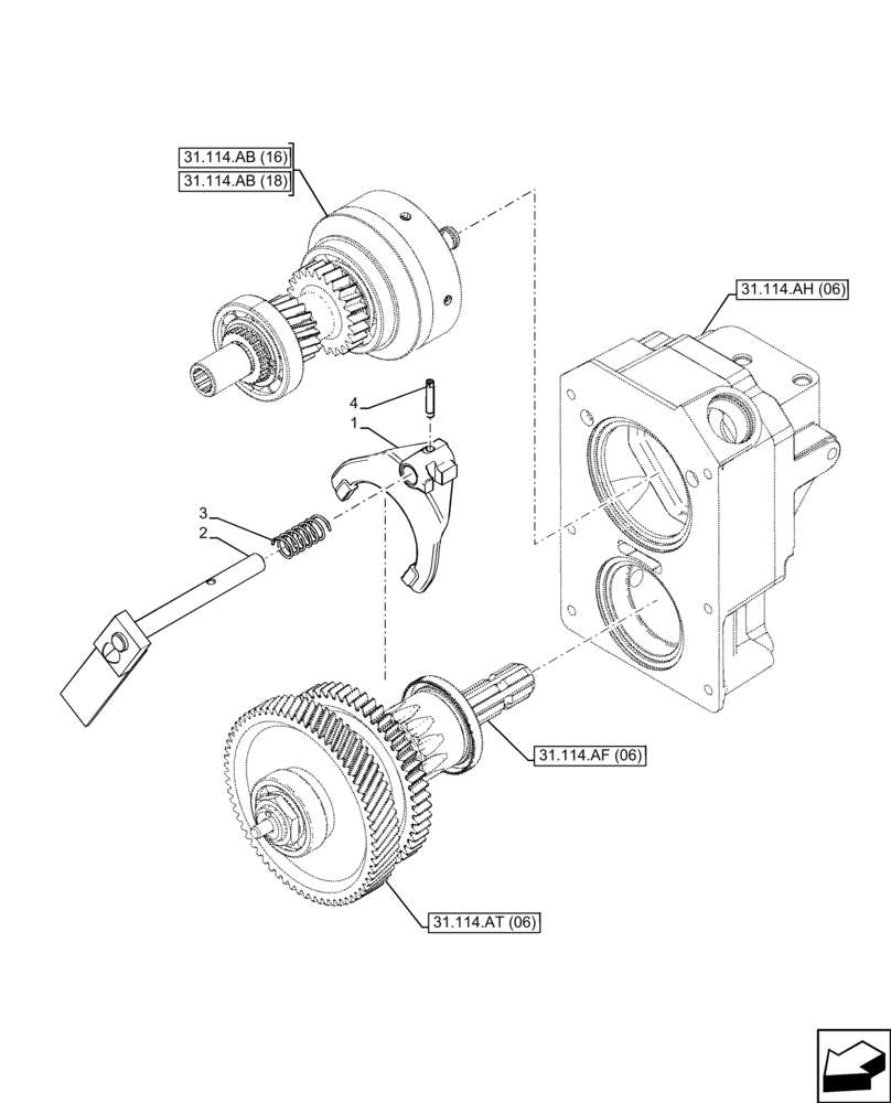 Схема запчастей Case IH FARMALL 120C - (31.114.AB[17]) - VAR - 743594 - PTO 540/1000 RPM, DRIVEN SHAFT, FORK, POWERSHUTTLE (31) - IMPLEMENT POWER TAKE OFF