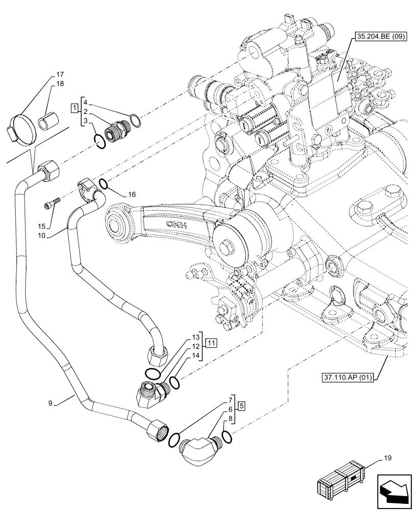 Схема запчастей Case IH FARMALL 110C - (35.204.BE[11]) - VAR - 743569 - 2 REMOTE CONTROL VALVE, W/ 4 DELUXE COUPLERS, DISTRIBUTOR, COMPONENTS, HI-LO, CAB (35) - HYDRAULIC SYSTEMS