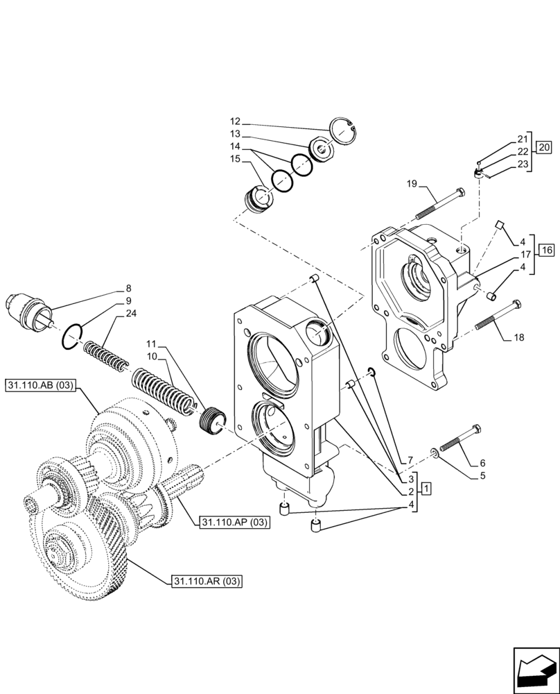 Схема запчастей Case IH FARMALL 110C - (31.110.AI[03]) - VAR - 743565 - PTO 540 RPM, COVER, POWERSHUTTLE (31) - IMPLEMENT POWER TAKE OFF