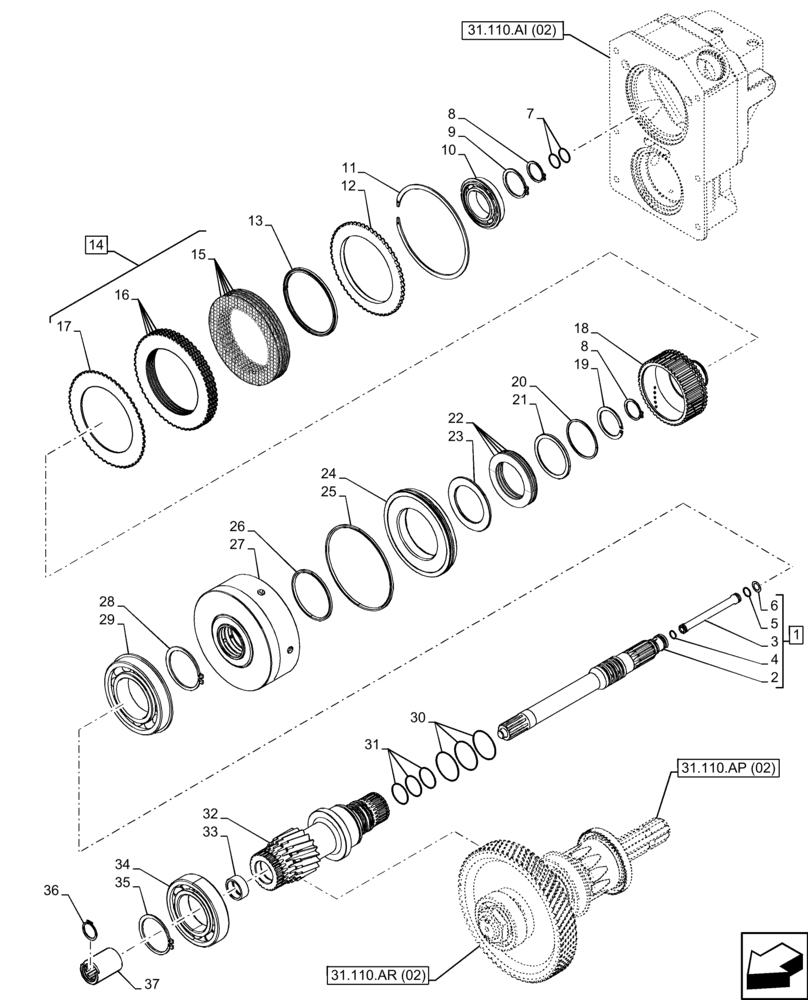 Схема запчастей Case IH FARMALL 110C - (31.110.AB[02]) - VAR - 743565 - PTO 540 RPM, DRIVEN SHAFT, HI-LO (31) - IMPLEMENT POWER TAKE OFF