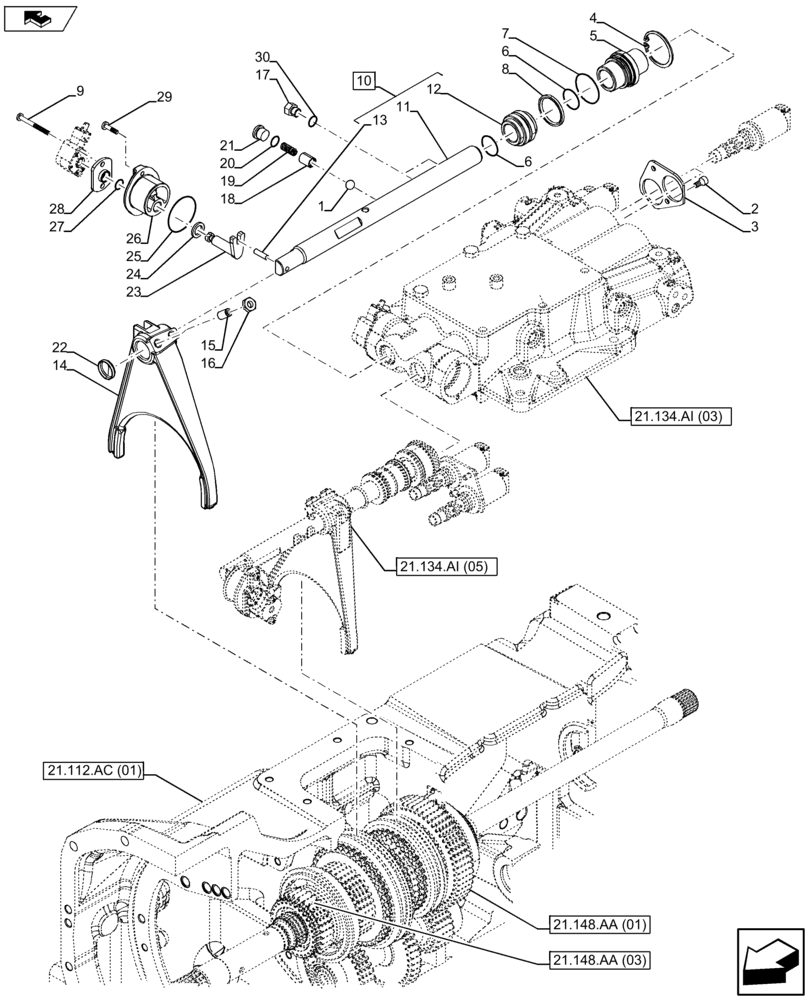 Схема запчастей Case IH FARMALL 115U - (21.134.AI[04]) - VAR - 334114, 390430 - GEARSHIFT, CONTROLS (21) - TRANSMISSION