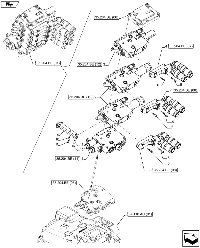 Схема запчастей Case IH FARMALL 105U - (35.204.BE[02]) - VAR - 331844 - REMOTE CONTROL VALVE, BLOCK, COMPONENTS (3 REMOTES) (35) - HYDRAULIC SYSTEMS