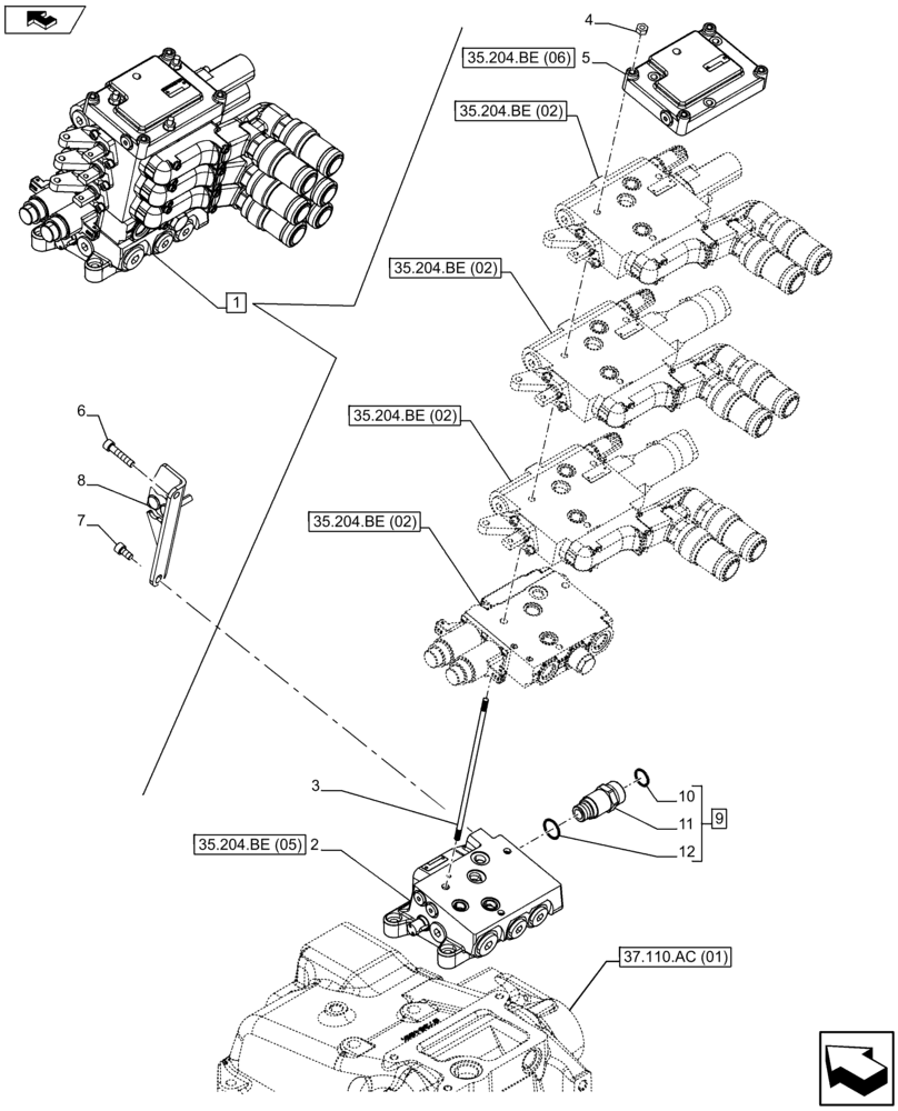 Схема запчастей Case IH FARMALL 105U - (35.204.BE[01]) - VAR - 331844 - REMOTE CONTROL VALVE, BLOCK, COMPONENTS (3 REMOTES) (35) - HYDRAULIC SYSTEMS