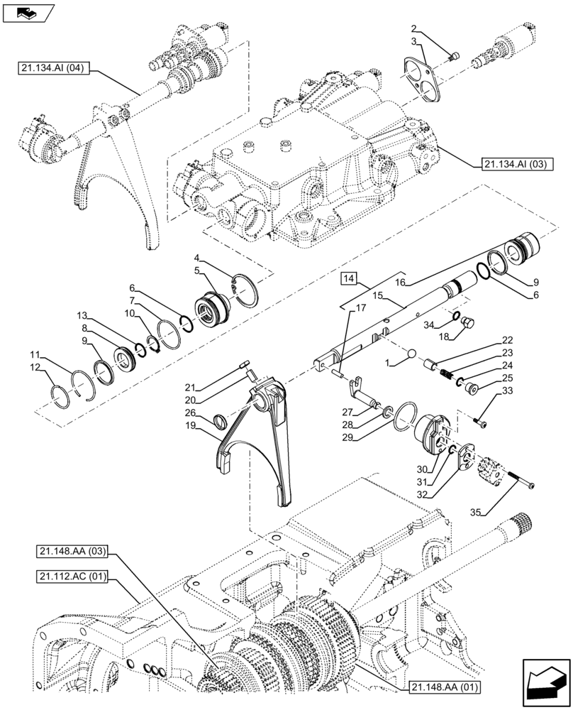 Схема запчастей Case IH FARMALL 105U - (21.134.AI[05]) - VAR - 334114, 390430 - GEARSHIFT, CONTROLS (21) - TRANSMISSION