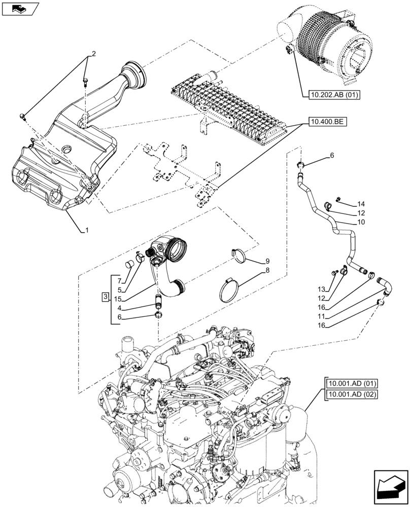 Схема запчастей Case IH FARMALL 115U - (10.202.AB[02]) - VAR - 390335 - AIR DUCTS & HOSES, AIR CLEANER (10) - ENGINE