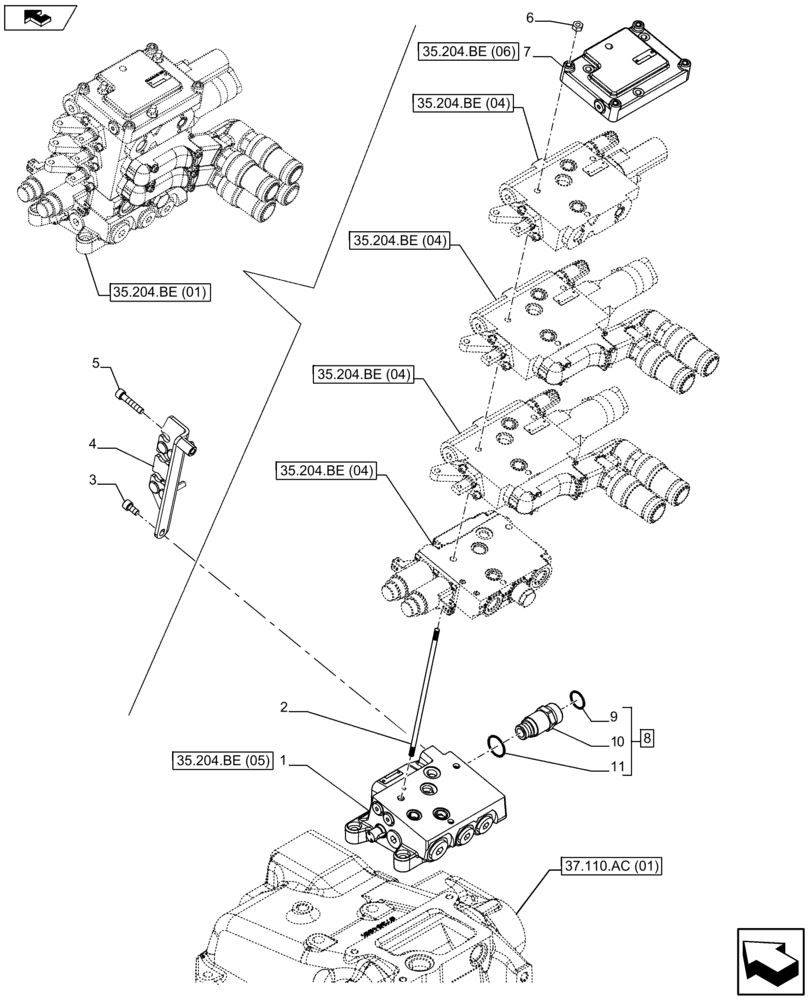 Схема запчастей Case IH FARMALL 105U - (35.204.BE[03]) - VAR - 332844 - REMOTE CONTROL VALVE, BLOCK, COMPONENTS (3 REMOTES) (35) - HYDRAULIC SYSTEMS