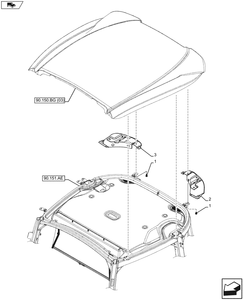 Схема запчастей Case IH FARMALL 115U - (90.150.BG[02]) - VAR - 334144, 335683 - CAB ROOF, PANEL (90) - PLATFORM, CAB, BODYWORK AND DECALS