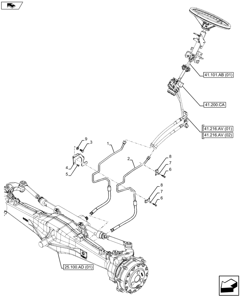 Схема запчастей Case IH FARMALL 115U - (41.216.AV[03]) - VAR - 334144, 335683 - STEERING CYLINDER, HYDR LINES (41) - STEERING