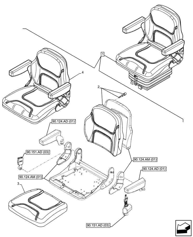 Схема запчастей Case IH FARMALL 110C - (90.124.AH[01]) - VAR - 331850 - DRIVER SEAT (W/ ARMREST), CUSHION, CAB (90) - PLATFORM, CAB, BODYWORK AND DECALS