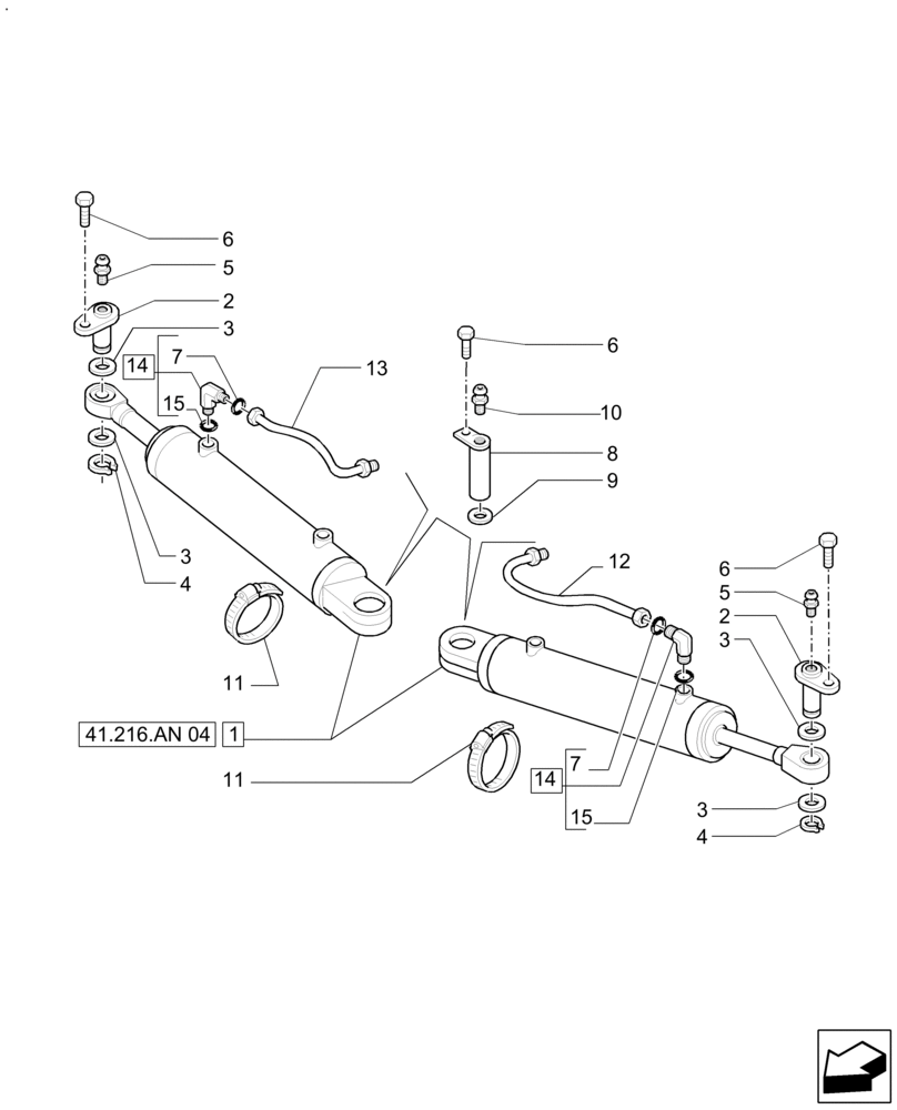 Схема запчастей Case IH FARMALL 125A - (41.216.AN[03]) - POWER STEERING CYLINDER, COMPONENTS, FRONT AXLE, 4WD (41) - STEERING