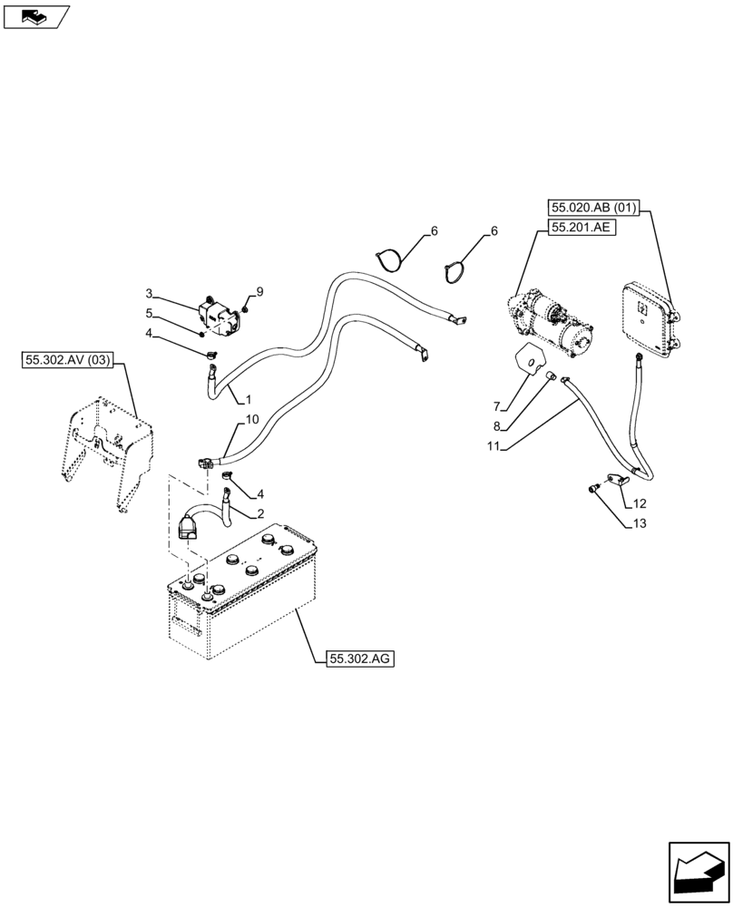 Схема запчастей Case IH FARMALL 105U - (55.302.AV[01]) - VAR - 330798 - POWERHARNESS W/ BDS AND BATTERY ON THE RIGHT SIDE (55) - ELECTRICAL SYSTEMS