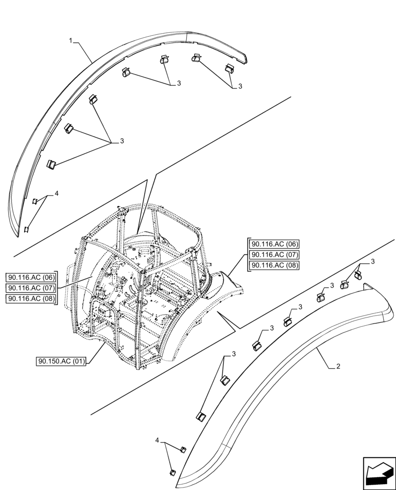 Схема запчастей Case IH FARMALL 100C - (90.116.AC[11]) - VAR - 744599 - REAR FENDER EXTENSION (18.4R34), WIDE (90) - PLATFORM, CAB, BODYWORK AND DECALS