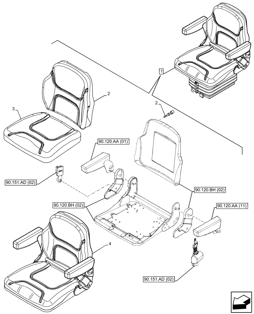 Схема запчастей Case IH FARMALL 100C - (90.120.AE[02]) - VAR - 743578 - DRIVER SEAT (W/ ARMREST), CUSHION, CAB (90) - PLATFORM, CAB, BODYWORK AND DECALS