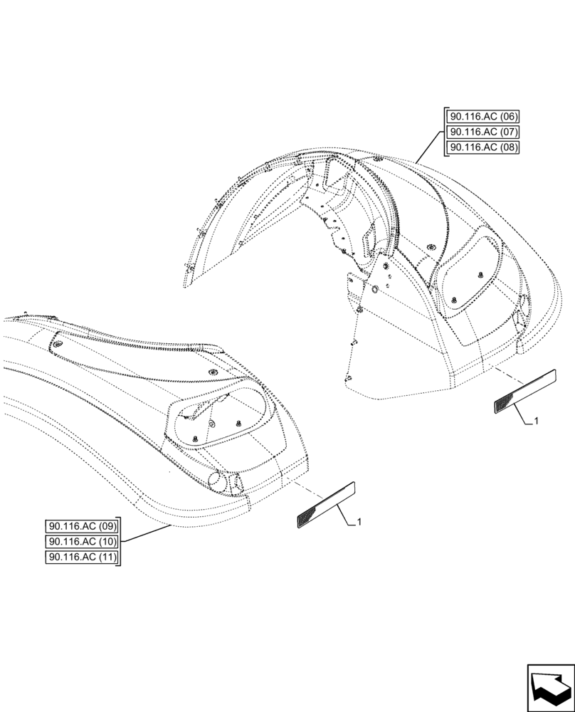 Схема запчастей Case IH FARMALL 120C - (55.404.BH[02]) - VAR - 743599 - REAR FENDER EXTENSION, EXTERNAL REFLECTOR (55) - ELECTRICAL SYSTEMS