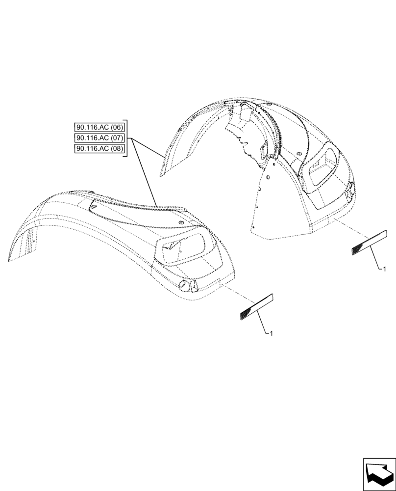 Схема запчастей Case IH FARMALL 100C - (55.404.BH[01]) - VAR - 743599 - REAR FENDER, STANDARD, EXTERNAL REFLECTOR (55) - ELECTRICAL SYSTEMS