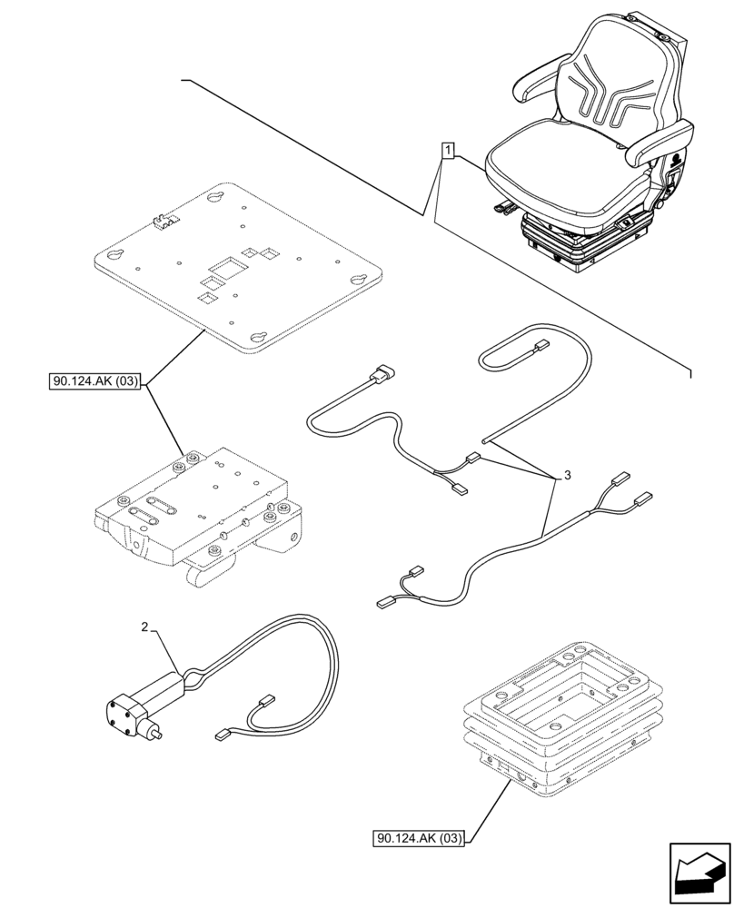 Схема запчастей Case IH FARMALL 120C - (90.124.AN) - VAR - 332850 - DRIVER SEAT (W/ ARMREST, 15° SWIVEL), AIR COMPRESSOR, HARNESS, CAB (90) - PLATFORM, CAB, BODYWORK AND DECALS