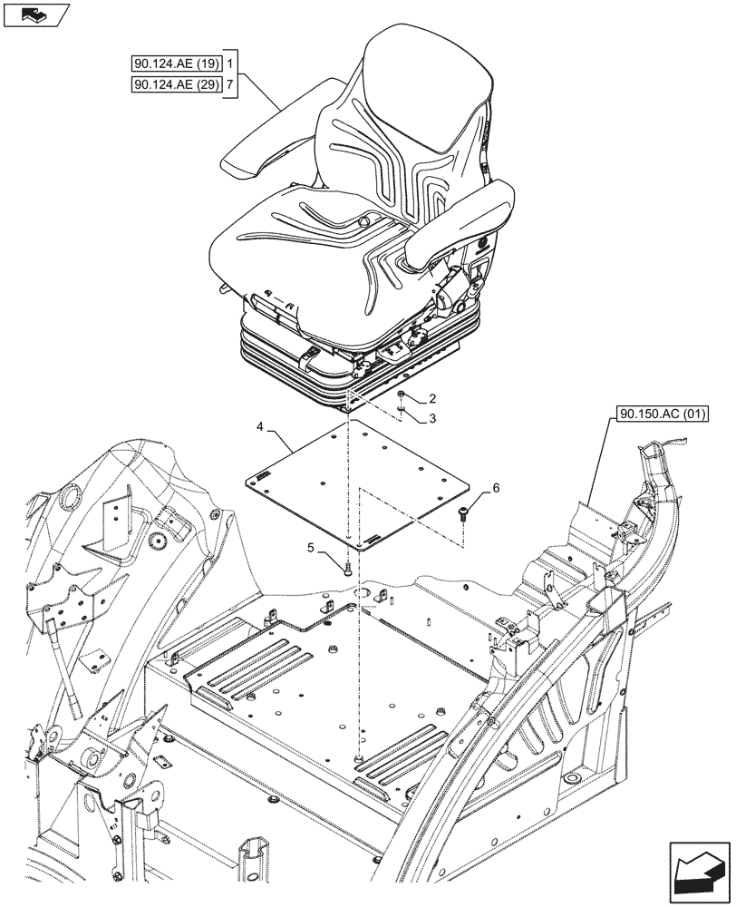 Схема запчастей Case IH FARMALL 115U - (90.124.AE[01]) - VAR - 744719 - DRIVER SEAT, AIR SUSPENSION (90) - PLATFORM, CAB, BODYWORK AND DECALS
