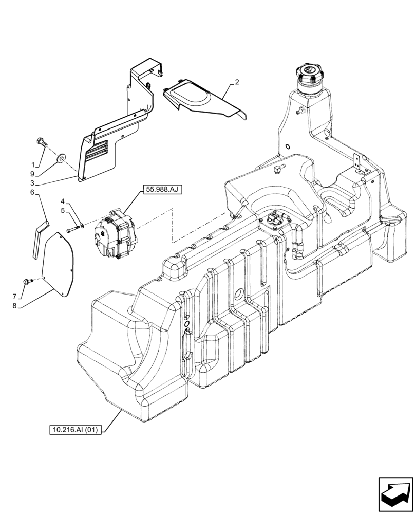 Схема запчастей Case IH FARMALL 110C - (10.216.AI[04]) - VAR - 743543, 744574 - FUEL TANK, GUARD (10) - ENGINE