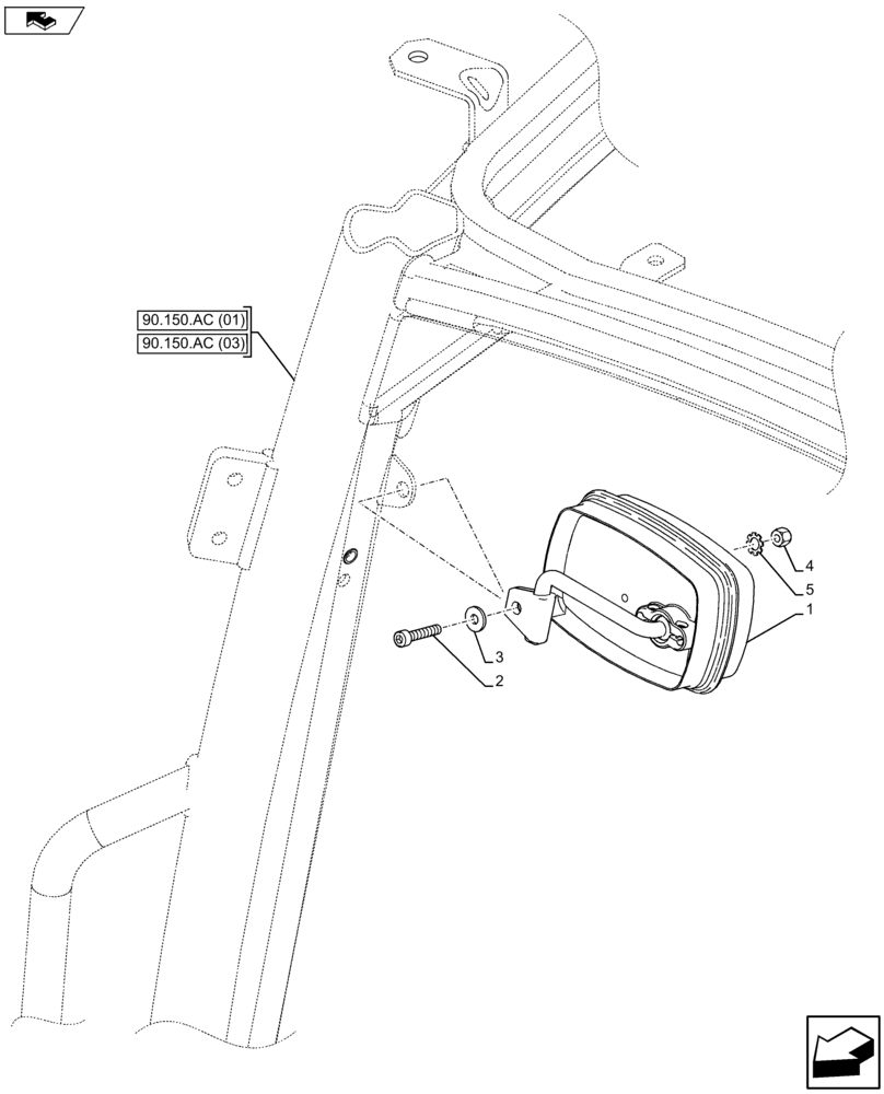 Схема запчастей Case IH FARMALL 105U - (90.151.AK) - VAR - 334144, 335683 - REAR VIEW MIRROR, INSIDE (90) - PLATFORM, CAB, BODYWORK AND DECALS