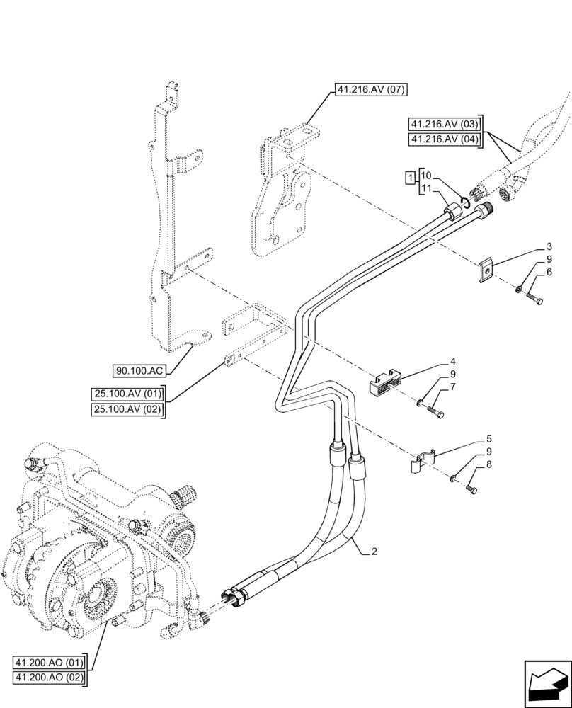 Схема запчастей Case IH FARMALL 120C - (41.216.AV[05]) - VAR - 334216, 334218 - HYDRAULIC STEERING, LINE, STEERING CYLINDER, 4WD (41) - STEERING