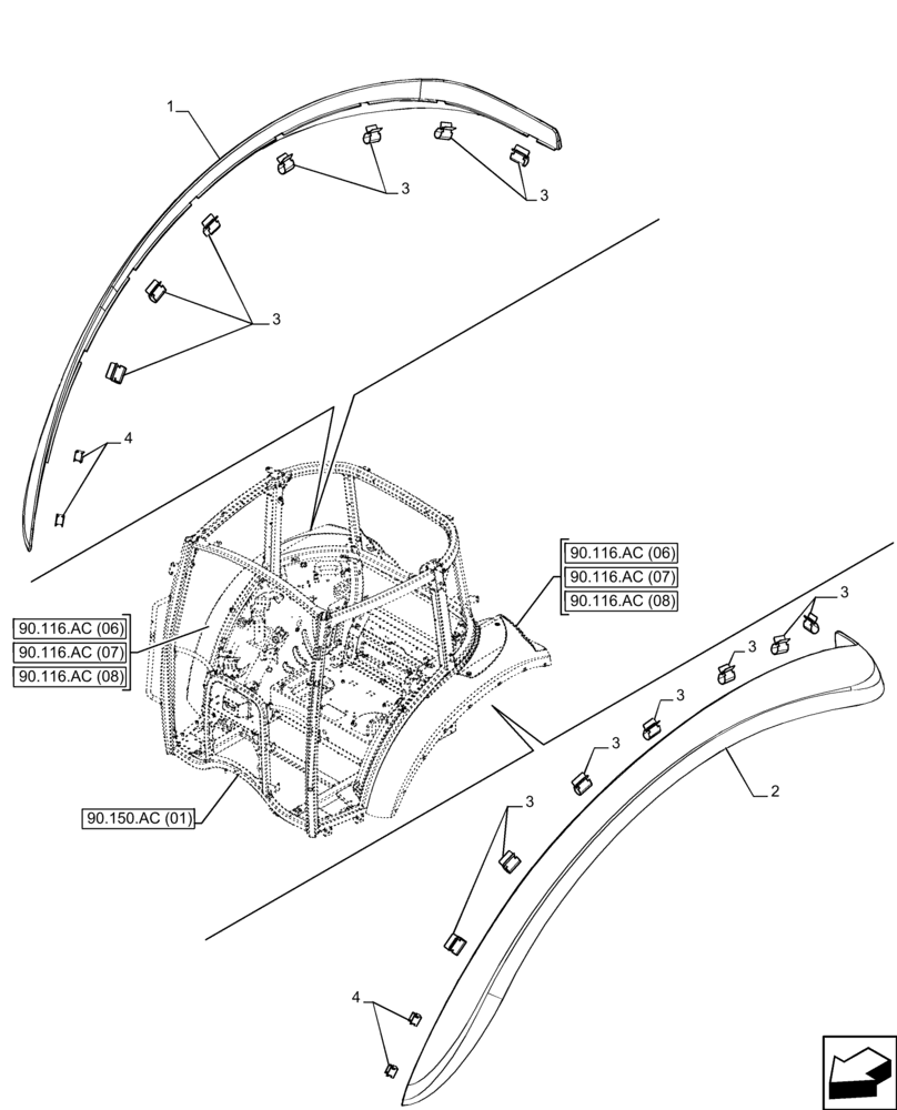 Схема запчастей Case IH FARMALL 100C - (90.116.AC[09]) - VAR - 744599 - REAR FENDER EXTENSION, SHORT (90) - PLATFORM, CAB, BODYWORK AND DECALS