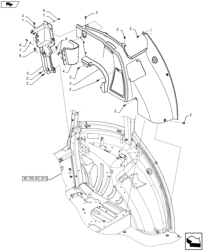 Схема запчастей Case IH FARMALL 105U - (90.160.AM[02]) - VAR - 332865 - CAB INTERIOR TRIM, LH (90) - PLATFORM, CAB, BODYWORK AND DECALS