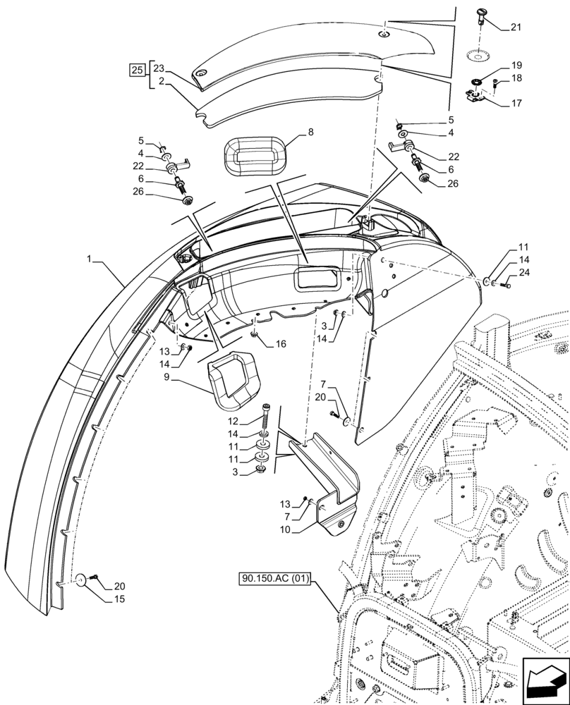 Схема запчастей Case IH FARMALL 110C - (90.116.AC[06]) - VAR - 743599, 744599 - REAR FENDER, CAB (MDC) (90) - PLATFORM, CAB, BODYWORK AND DECALS