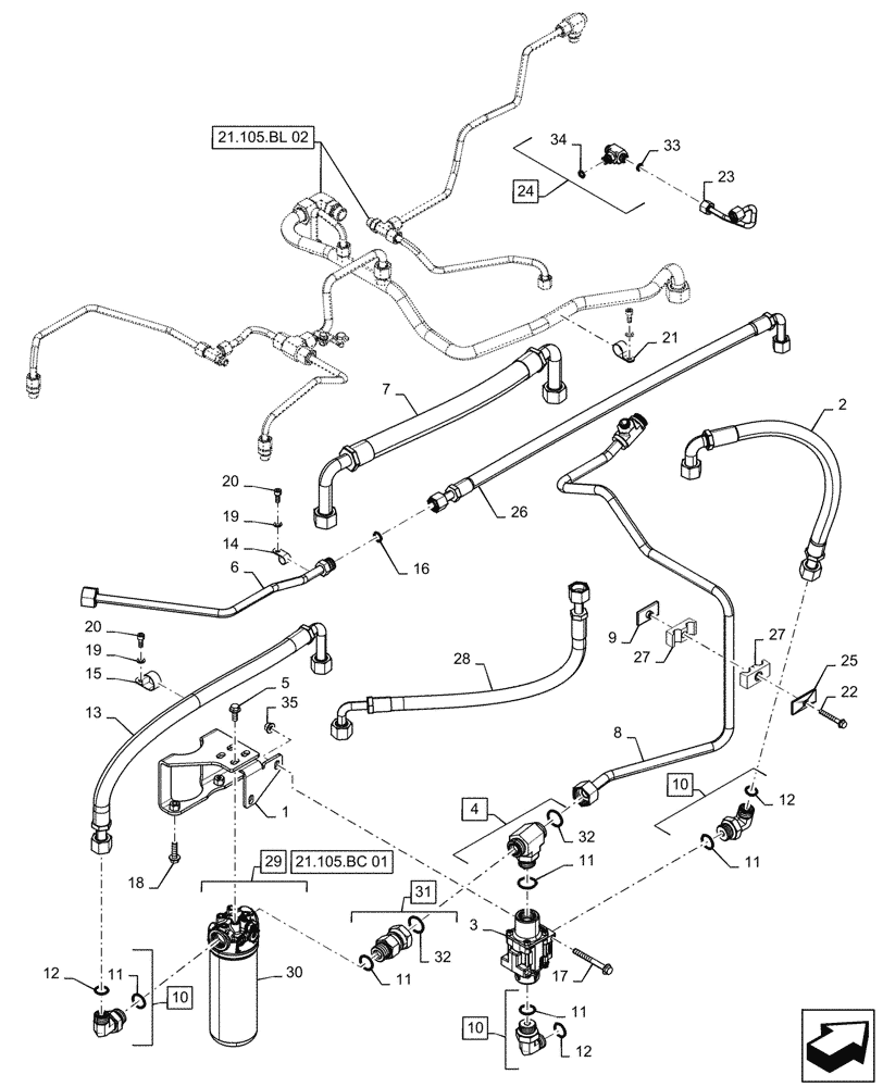 Схема запчастей Case IH MAGNUM 2654 - (21.105.BL[01]) - TRANSMISSION LUBRICATION LINES, POWERSHIFT (21) - TRANSMISSION