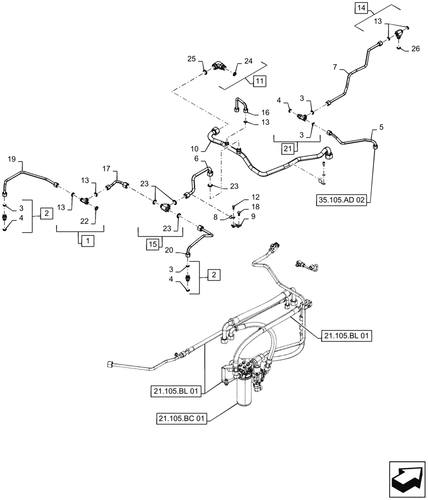Схема запчастей Case IH MAGNUM 2654 - (21.105.BL[02]) - TRANSMISSION LUBRICATION LINES, POWERSHIFT (21) - TRANSMISSION