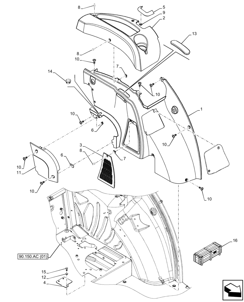 Схема запчастей Case IH FARMALL 100C - (90.160.AM[01]) - VAR - 336125, 338125, 336780, 390124 - CAB, TRIM, LH (90) - PLATFORM, CAB, BODYWORK AND DECALS