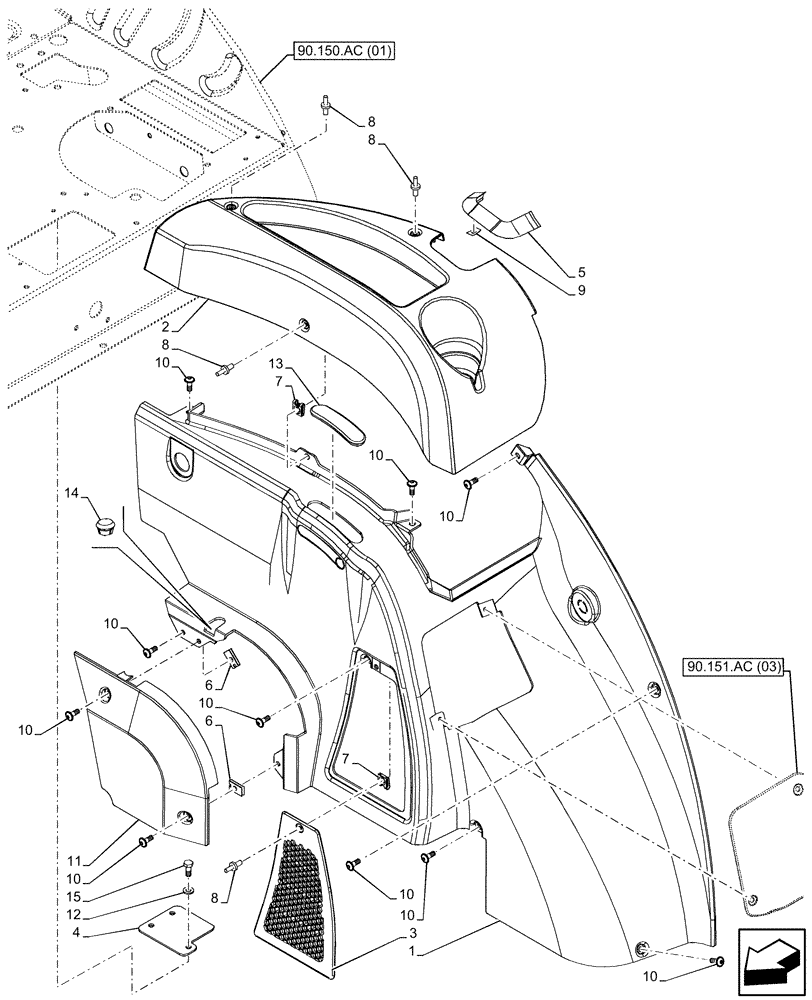 Схема запчастей Case IH FARMALL 90C - (90.160.AM[02]) - VAR - 336125, 338125, 336780, 390124 - CAB, TRIM, LH, HI-LO (90) - PLATFORM, CAB, BODYWORK AND DECALS