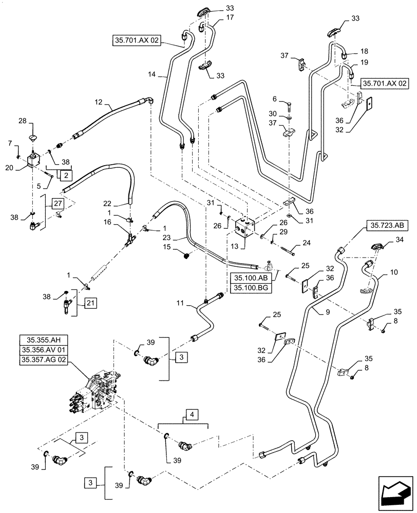 Схема запчастей Case IH SR240 - (35.701.AX[01]) - LOADER VALVE LINES (35) - HYDRAULIC SYSTEMS