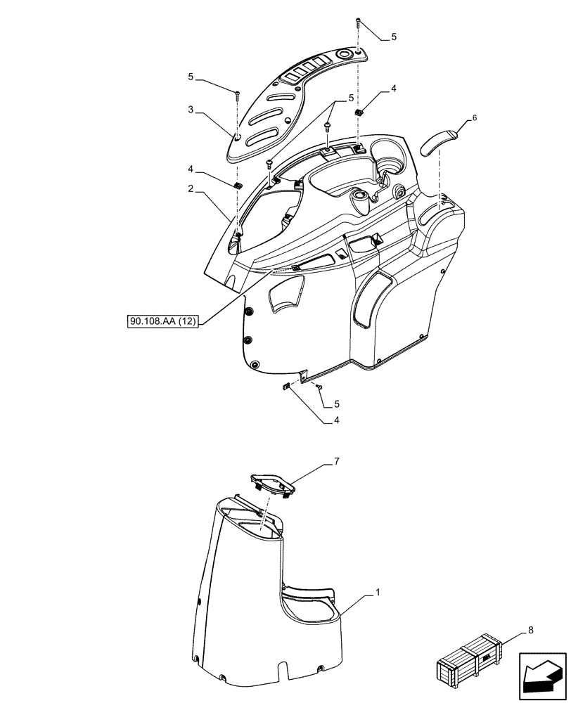 Схема запчастей Case IH FARMALL 100C - (90.110.AV[02]) - VAR - 336125, 338125, 336780 - TRIM PANEL, RH, W/O CAB (90) - PLATFORM, CAB, BODYWORK AND DECALS