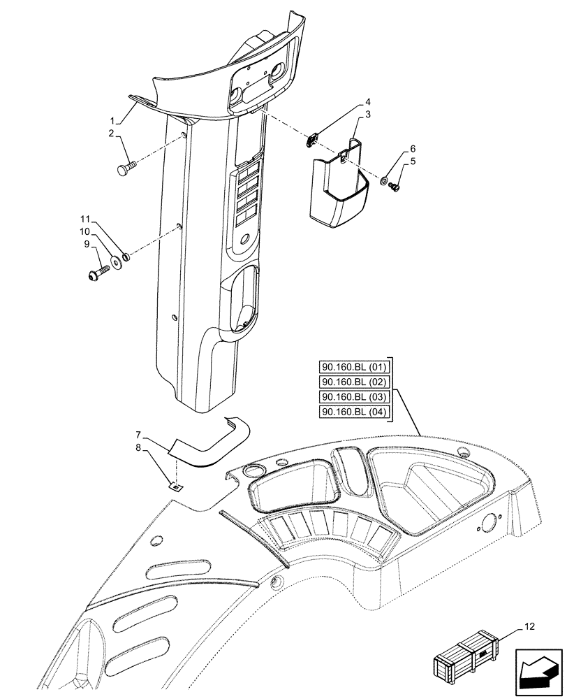 Схема запчастей Case IH FARMALL 110C - (90.160.BI[02]) - VAR - 340326, 340336, 340346, 340356 - CAB, TRIM, PILLAR, RH (90) - PLATFORM, CAB, BODYWORK AND DECALS