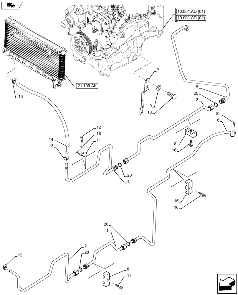 Схема запчастей Case IH FARMALL 115U - (21.109.AD) - VAR - 336816, 390174 - OIL COOLER LINE (21) - TRANSMISSION