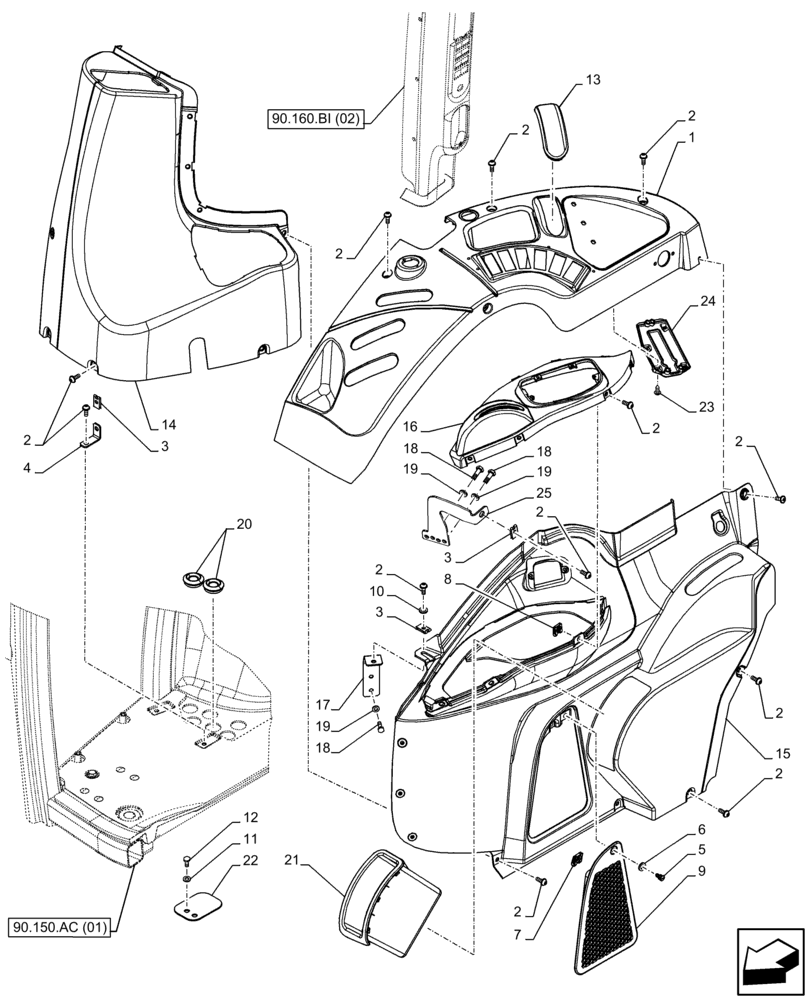 Схема запчастей Case IH FARMALL 120C - (90.160.BL[01]) - VAR - 336780, 390124 - CAB, TRIM, RH, HI-LO - END YR 10-FEB-2015 (90) - PLATFORM, CAB, BODYWORK AND DECALS